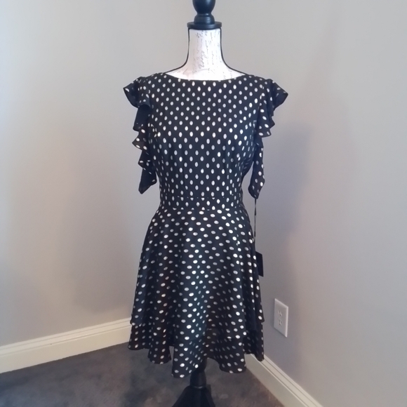 NWT IEENA for Mac Duggal Black & Gold Dot Tiered Ruffle Dress - 12 - Picture 8 of 16
